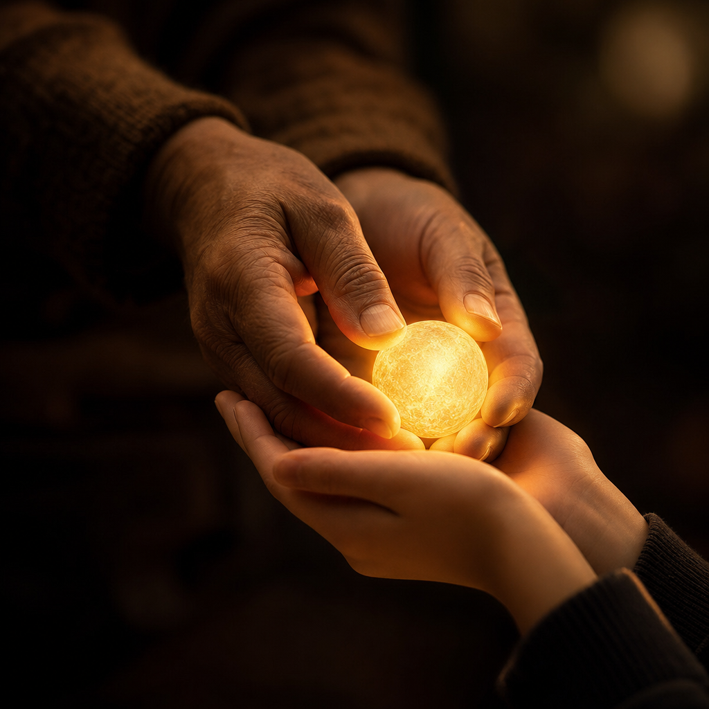 An older parent's hands passing a warm light into a younger person's hands